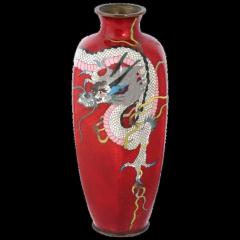Rare Meiji Japanese Cloisonne Red Enamel Pink Dragon Vase - 3904140