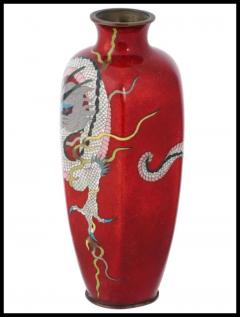 Rare Meiji Japanese Cloisonne Red Enamel Pink Dragon Vase - 3904144