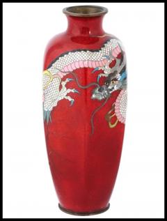 Rare Meiji Japanese Cloisonne Red Enamel Pink Dragon Vase - 3904201