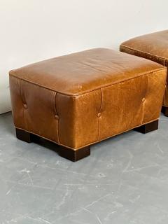 Rare Pair French Art Deco Style Leather Ottomans Low Stools Distressed - 2826639