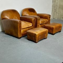 Rare Pair French Art Deco Style Leather Ottomans Low Stools Distressed - 2826640