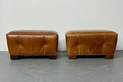 Rare Pair French Art Deco Style Leather Ottomans Low Stools Distressed - 2826642