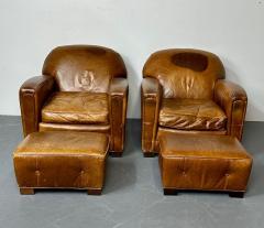 Rare Pair French Art Deco Style Leather Ottomans Low Stools Distressed - 2826643