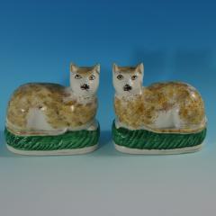 Rare Pair Staffordshire Pottery Cats on Cushions - 2735781