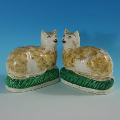 Rare Pair Staffordshire Pottery Cats on Cushions - 2735787