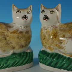 Rare Pair Staffordshire Pottery Cats on Cushions - 2735789