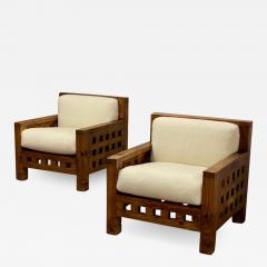 Rarest brutalist pair of sturdy lounge chair upholstored in wool faux fur - 2336456