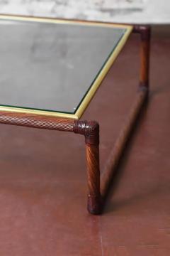 Rattan coffee table with leather bindings brass details and glass top 1970s - 3616120