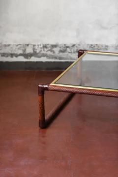 Rattan coffee table with leather bindings brass details and glass top 1970s - 3616121