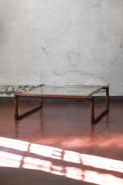 Rattan coffee table with leather bindings brass details and glass top 1970s - 3616122