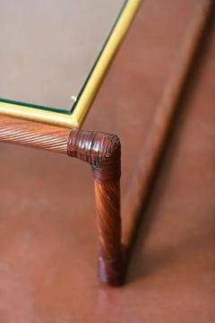 Rattan coffee table with leather bindings brass details and glass top 1970s - 3616135