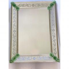 Rectangular Venetian Murano Glass Mirror Featuring Green Floreal Hand Carving - 4567317