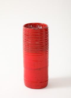 Red Enamel Glaze Ceramic Vase Striated Decoration France c 1950 signed - 4509862