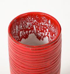 Red Enamel Glaze Ceramic Vase Striated Decoration France c 1950 signed - 4509863