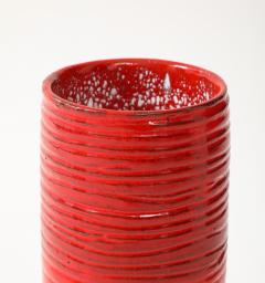 Red Enamel Glaze Ceramic Vase Striated Decoration France c 1950 signed - 4509868