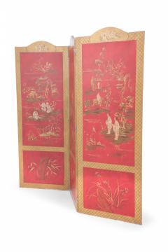 Red and Gold Chinoiserie Three Panel Screen - 2800766