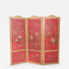 Red and Gold Chinoiserie Three Panel Screen - 2802312