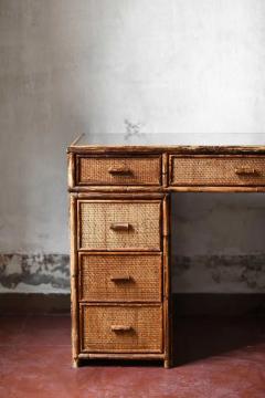 Reed and wicker desk with glass shelf and drawers Italy 1980 - 3522579