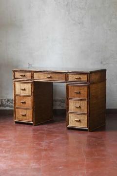 Reed and wicker desk with glass shelf and drawers Italy 1980 - 3522619