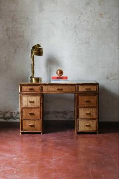 Reed and wicker desk with glass shelf and drawers Italy 1980 - 3522633