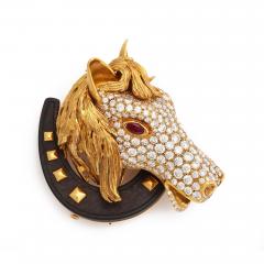 Ren Boivin 1960s Diamond Wood 19K Gold Horse Brooch with a Ruby Eye by Rene Boivin - 63299