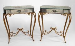 Ren Drouet Pair of French 1940s Rectangular Mirrored Decorated End Tables - 436416