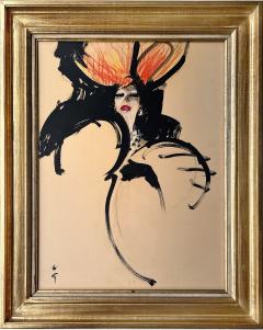 Ren Gruau Elegant French Woman with Lavish Hat Show Girl Performance Double Sided Work - 2554774