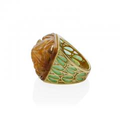 Ren Lalique Lalique Co Art Nouveau Carved Horn and Plique jour Enamel Grenouilles or Frogs Ring - 3499858