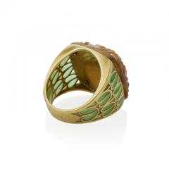 Ren Lalique Lalique Co Art Nouveau Carved Horn and Plique jour Enamel Grenouilles or Frogs Ring - 3499873