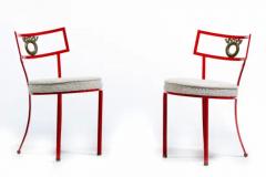 Rene Prou French Red Enameled Iron and Brass Side Chairs with Stylized Wreath Detail 1940s - 3975209