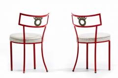 Rene Prou French Red Enameled Iron and Brass Side Chairs with Stylized Wreath Detail 1940s - 3975211