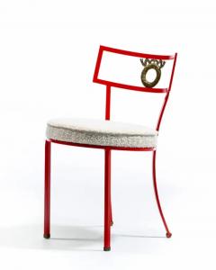 Rene Prou French Red Enameled Iron and Brass Side Chairs with Stylized Wreath Detail 1940s - 3975214