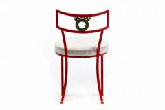 Rene Prou French Red Enameled Iron and Brass Side Chairs with Stylized Wreath Detail 1940s - 3975217