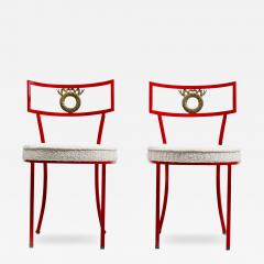 Rene Prou French Red Enameled Iron and Brass Side Chairs with Stylized Wreath Detail 1940s - 3976654