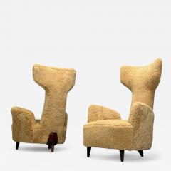 Renzo Zavanella Honey Sheepskin Wood Rare Lounge Chairs Italy 1950s - 4267154