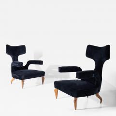 Renzo Zavanella Pair of Zavanella Wood and Black Velvet Chairs - 3671747