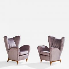 Renzo Zavenella Attribution Lounge Chairs with Velvet and Wood Italy 1940s - 4771730
