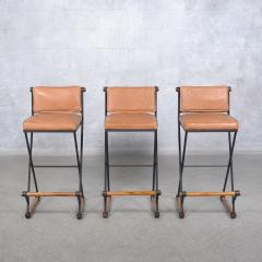 Restored Vintage Iron and Oak Barstools with Leather Cushions - 3816939