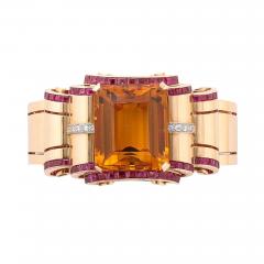 Retro Art Deco Cuff Bracelet in 14Karat Gold w Citrine Rubies and Diamonds - 3823908