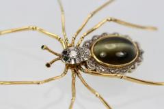 Retro Cats Eye Chrysoberyl Spider Brooch Scalloped Edge Diamond Accents 18K - 3448852