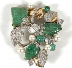 Retro Hand Carved Pearl Emerald Diamond Gold Platinum Foliage Design Brooch - 1613024