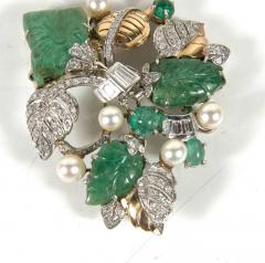 Retro Hand Carved Pearl Emerald Diamond Gold Platinum Foliage Design Brooch - 1613025
