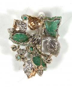 Retro Hand Carved Pearl Emerald Diamond Gold Platinum Foliage Design Brooch - 1613029