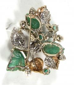 Retro Hand Carved Pearl Emerald Diamond Gold Platinum Foliage Design Brooch - 1613030