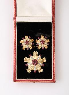 Retro Ruby Diamond and 14k Gold Earring and Brooch Set - 4422901