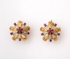 Retro Ruby Diamond and 14k Gold Earring and Brooch Set - 4422904