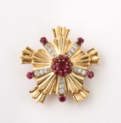 Retro Ruby Diamond and 14k Gold Earring and Brooch Set - 4422905