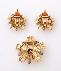 Retro Ruby Diamond and 14k Gold Earring and Brooch Set - 4422906