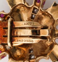 Retro Ruby Diamond and 14k Gold Earring and Brooch Set - 4422907