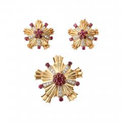 Retro Ruby Diamond and 14k Gold Earring and Brooch Set - 4426438